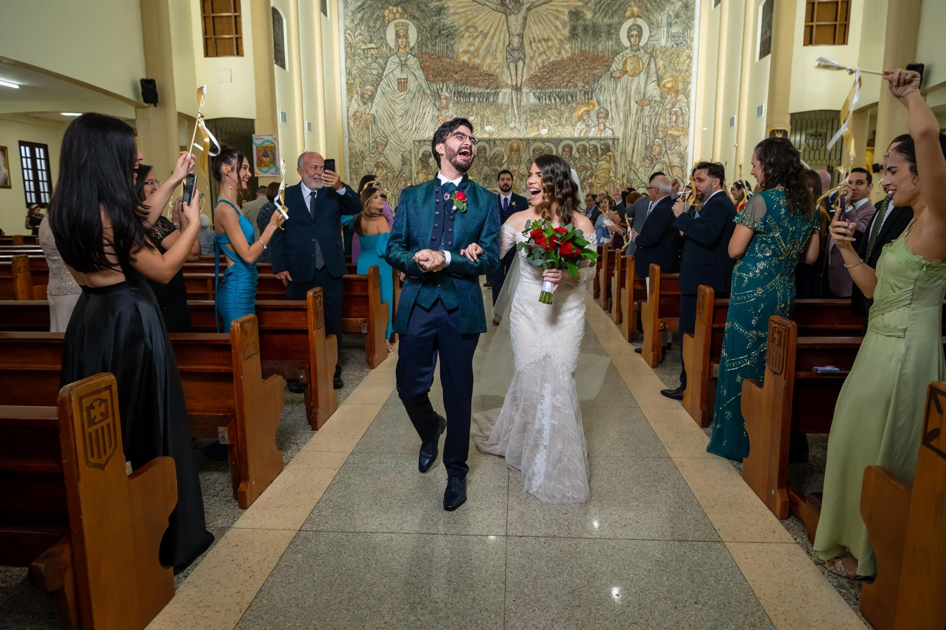 husband and wife leaving church happy and smiling