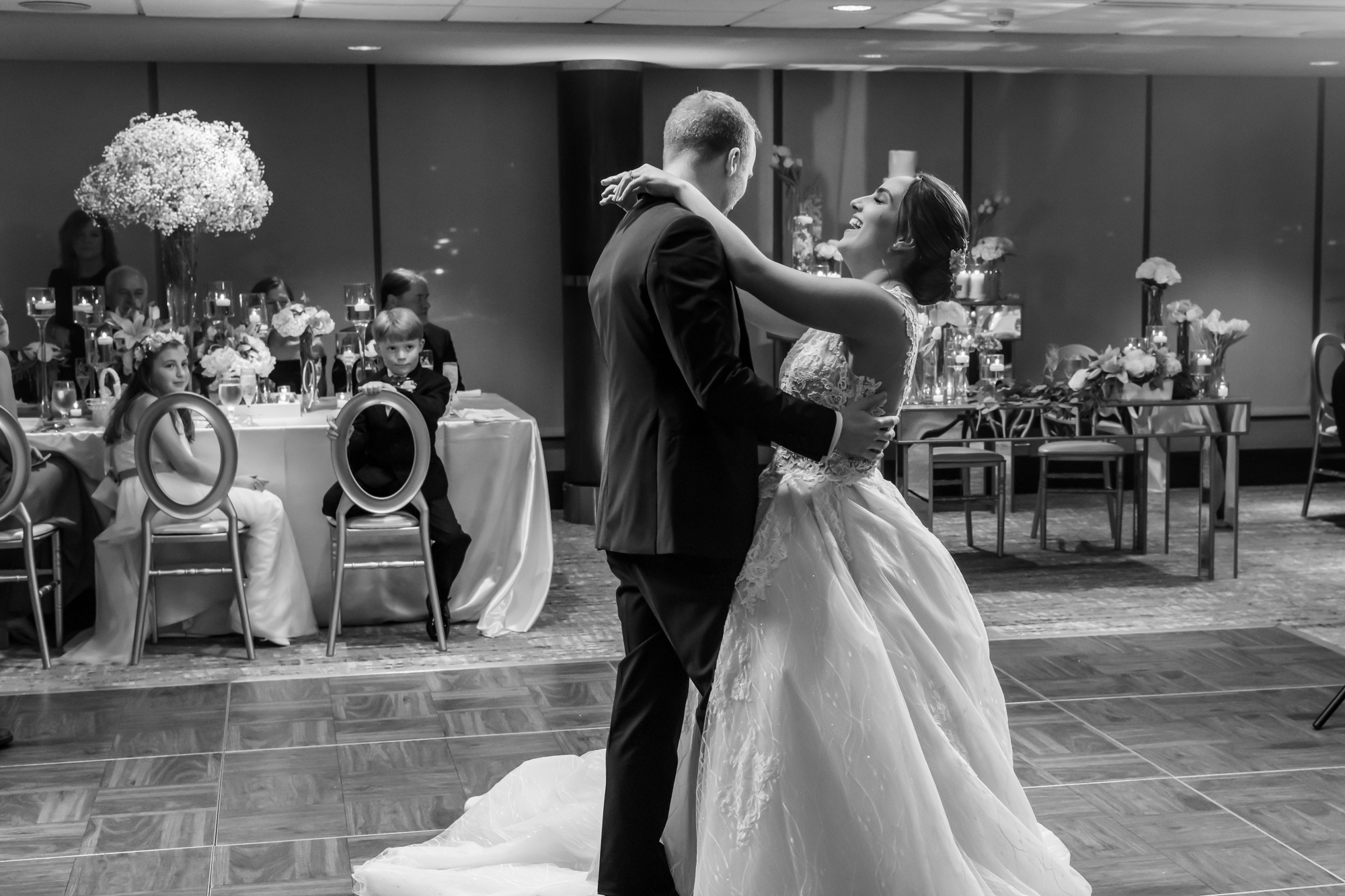 Black and white photo of newlyweds first dance