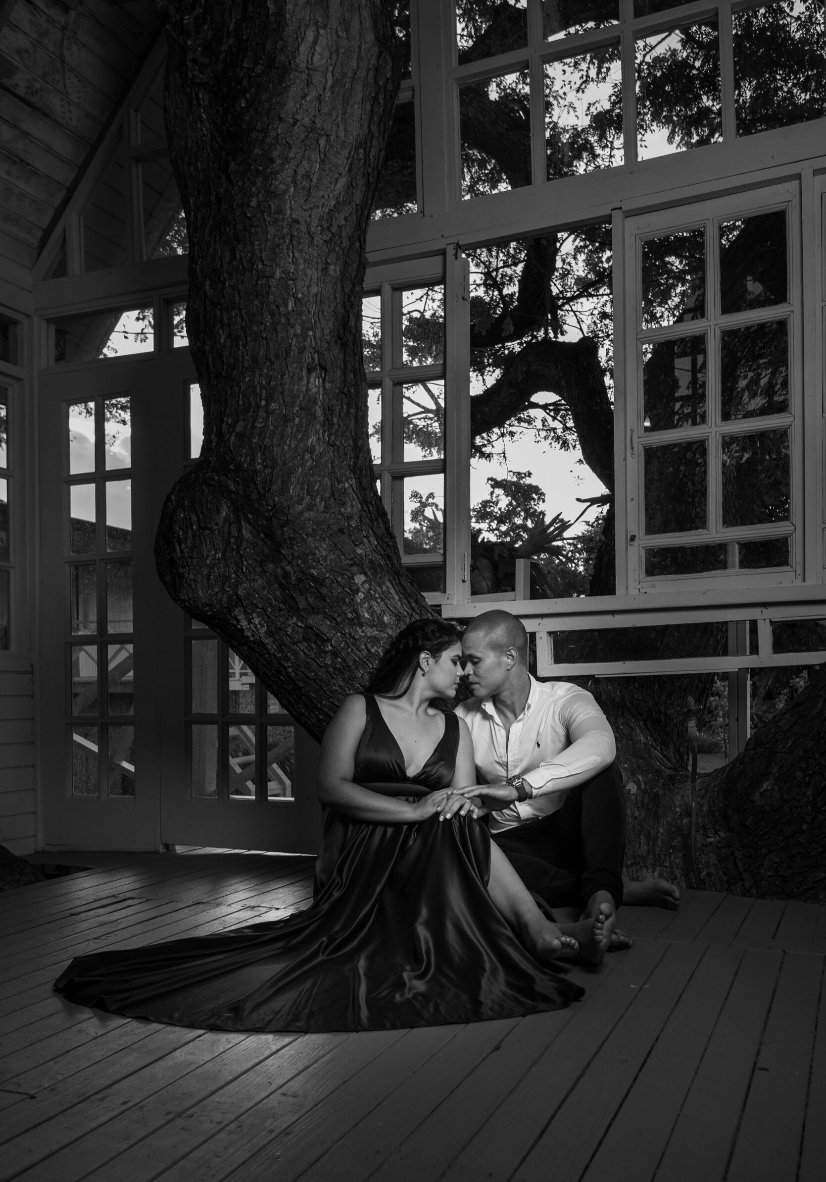 Black and white photo of couple during their engagement session.